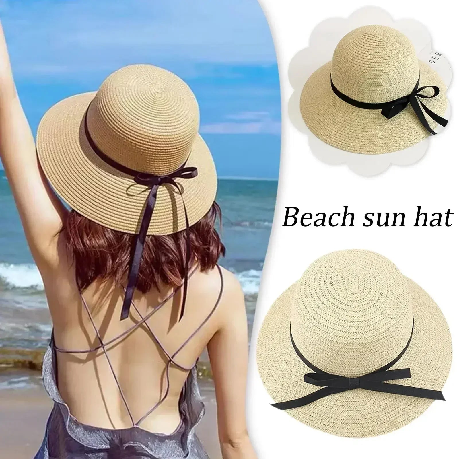 Chapeau de paille d'été à large bord, pliable, protection UV, pour femme, idéal pour la plage ou les voyages.