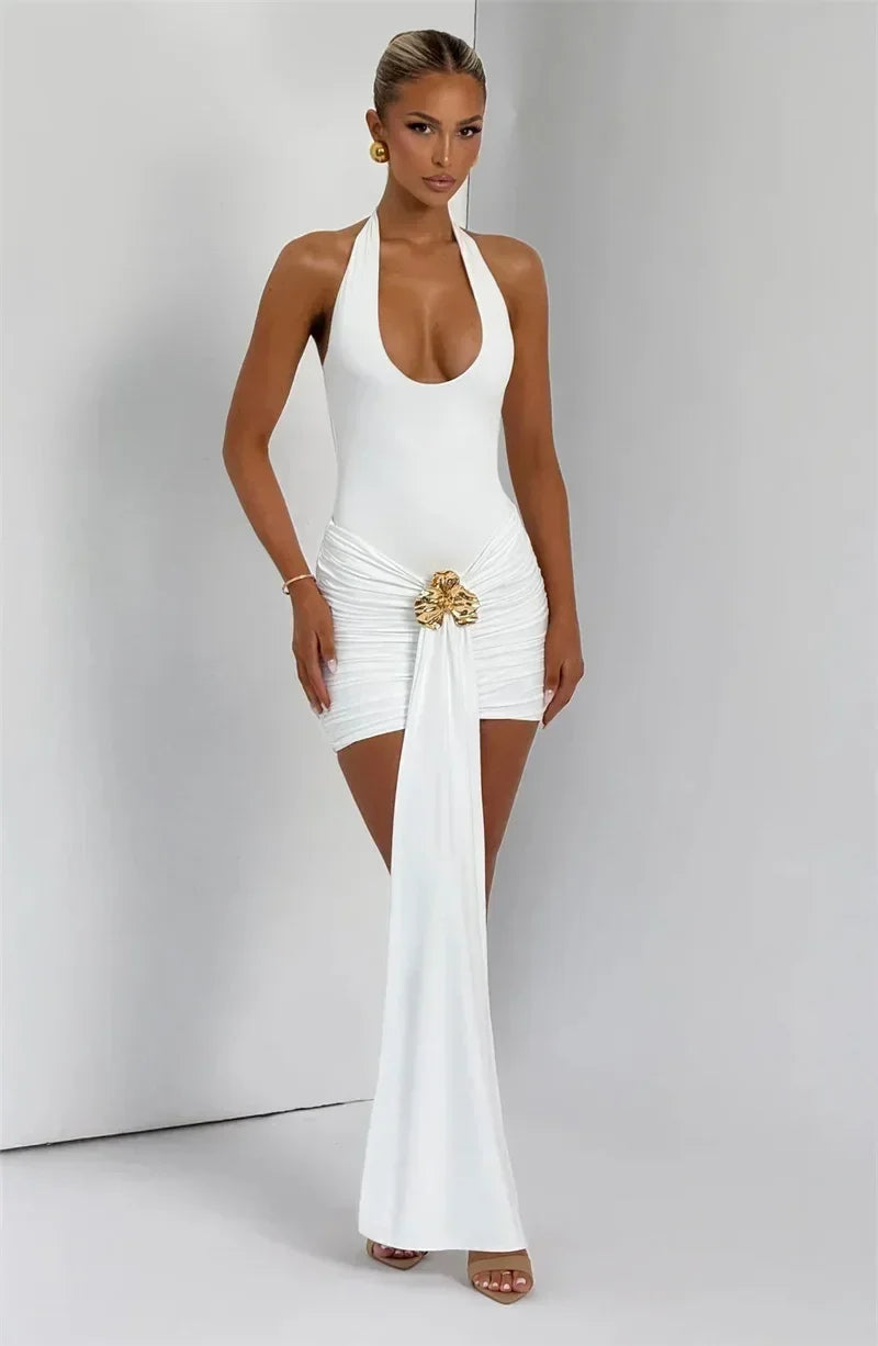 Mozision Robe Courte Métallique Plissée à Fleurs, Robe Sexy pour Femme, Mode Licou sans Bretelles Dos Nu Moulante, Robe de Soirée Club Nouvelle Collection
