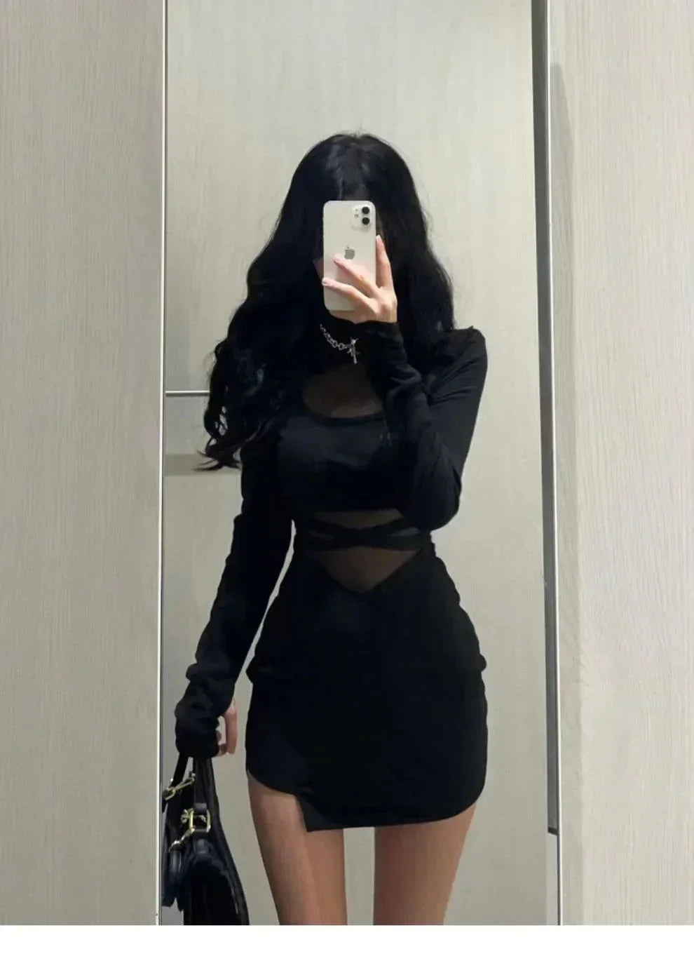 Robe trapue avec manches, nouvelle robe sexy noire à arêtes de poisson, robe moulante personnalisée pour femmes, gaze fine transparente enveloppant les fesses F8Q3