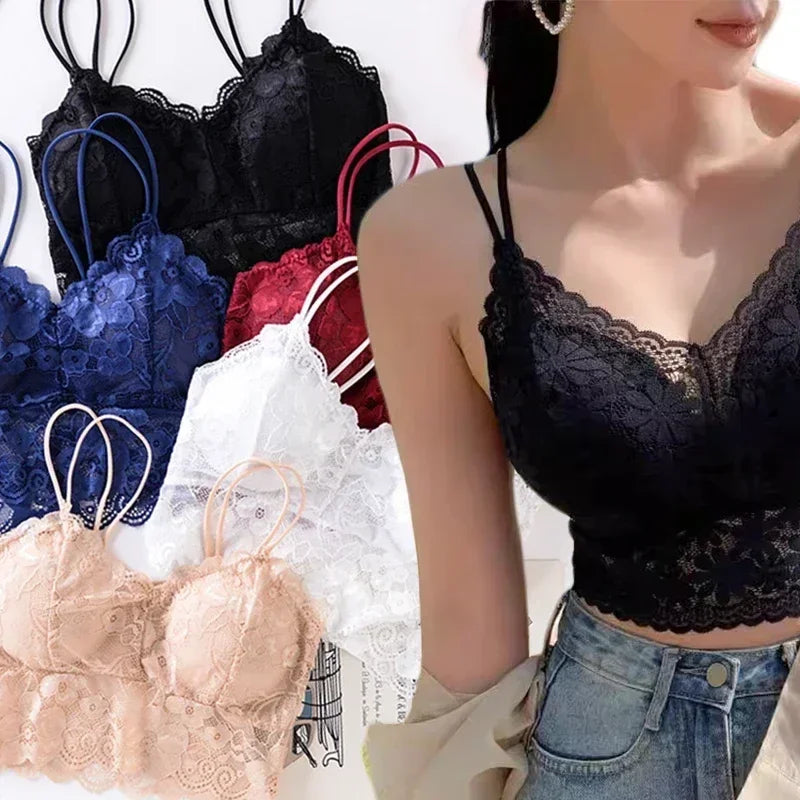 Soutien-gorge sans fil en dentelle à fleurs pour femme, push-up, bralette, lingerie sexy, bonnet complet, dos nu, débardeur, soutien-gorge doux, grande taille, sous-vêtement
