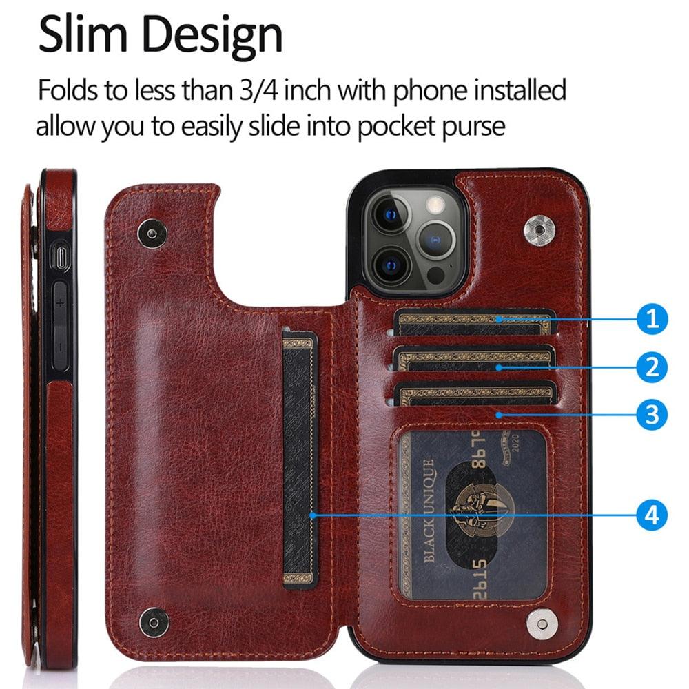 Étui en cuir de luxe pour iPhone 14 12 13 Mini 11 Pro XR XS Max 6 6s 7 8 Plus 5 5s, portefeuille, fente pour cartes de téléphone, étui à rabat en cuir PU avec béquille, fentes pour cartes, double fermoir magnétique, étui antichoc durable pour iPhone