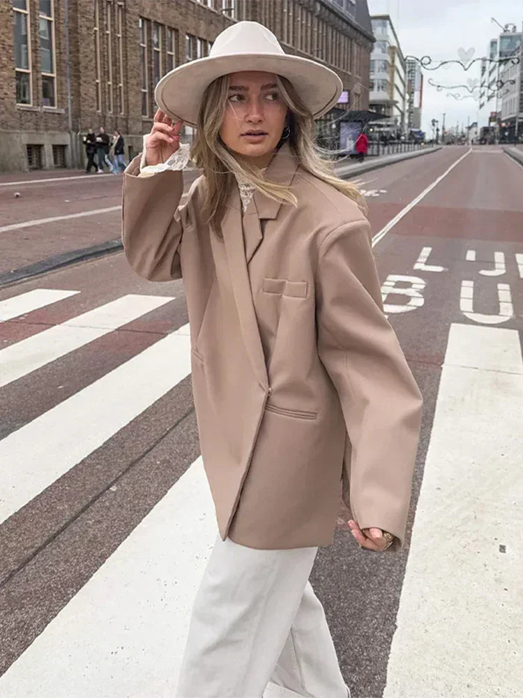 Veste de costume col V boutonnée sur le côté pour femme Manches longues couleur unie Manteaux Poignets poches Hauts oversize Vêtements féminins style urbain