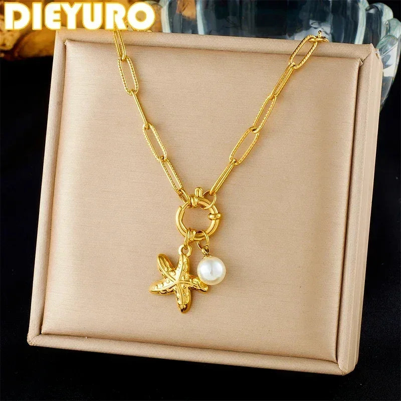 DIEYURO Collier pendentif étoile de mer perle en acier inoxydable 316L doré style océanique, nouveau bijou de chaîne de cou pour femme, cadeau d'été sur la plage