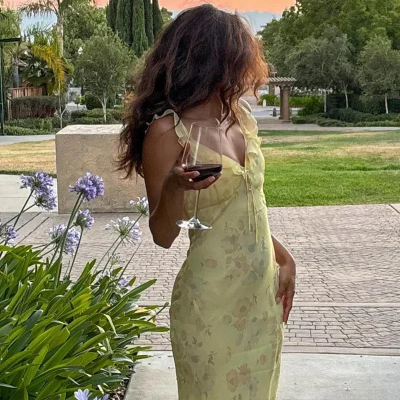 Robe longue jaune fleurie | Robe de soirée d'été rétro col en V -femstylo