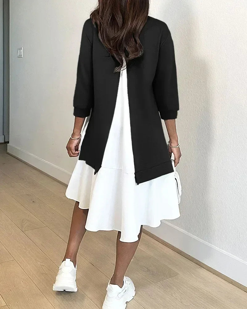 Printemps Femmes Col Rond Manches Longues Robe Mini Ample Automne Vintage Robes Sweatshirt Décontracté Mode Patchwork Volants Robe Trapèze