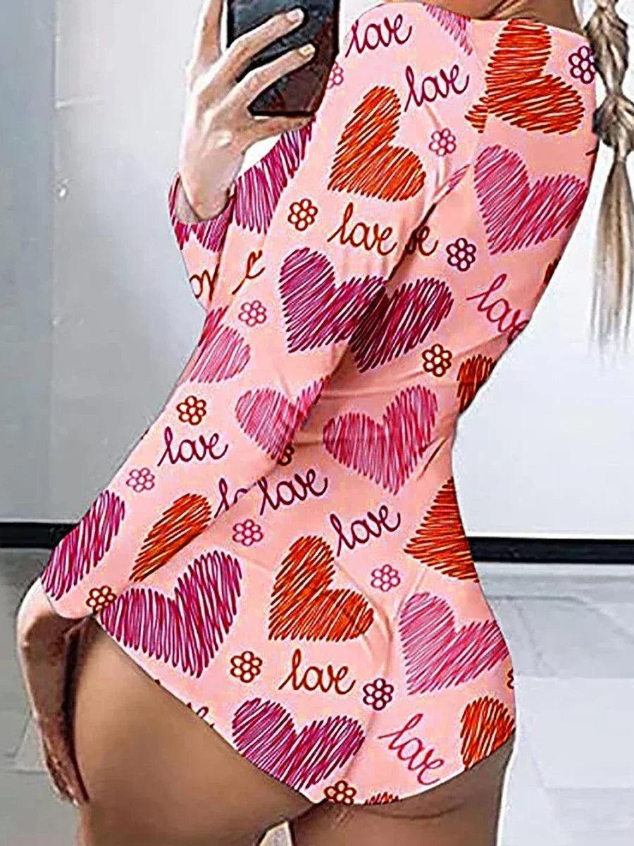 Combinaison moulante pour femme à manches longues, col en V, imprimé cœurs et lèvres, boutonnée, courte, vêtement de nuit d'intérieur pour la Saint-Valentin