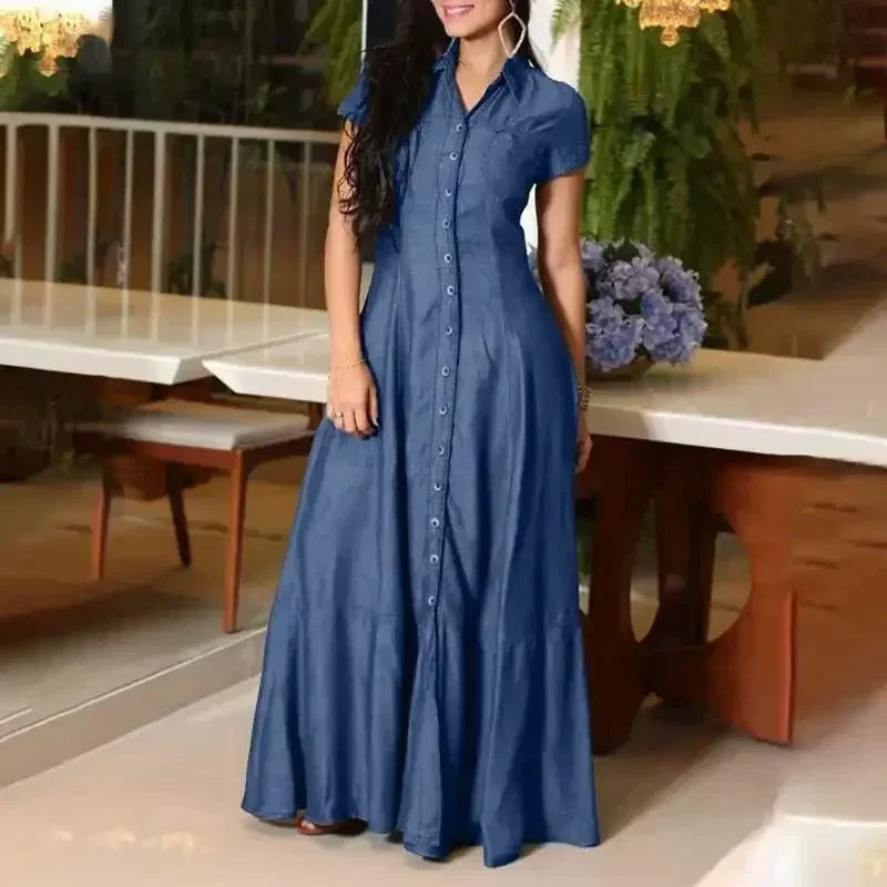 Robe Chemise en Jean Ample à Simple Boutonnage, Robe Décontractée à Manches Courtes avec Poches et Revers, Épissures et Grande Balançoire, Couleur Unie pour Femme, Nouvelle Collection 2024