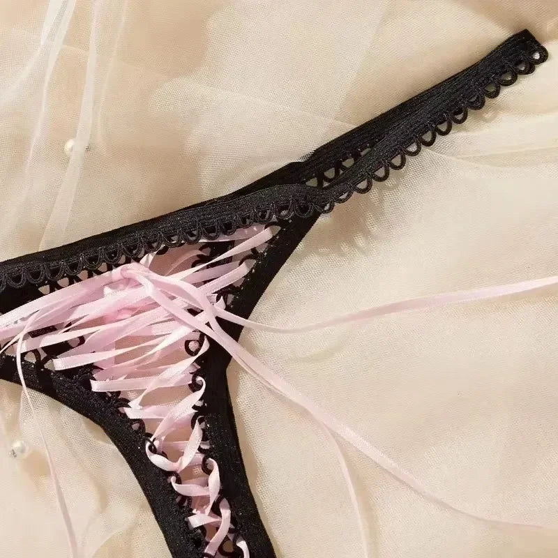 Dames Super Sexy String Lacé Lingerie Noir Bretelle Bordure Crochet Rose Bandage String Lacé Culotte Sexy Ouvert Érotique G-Strings