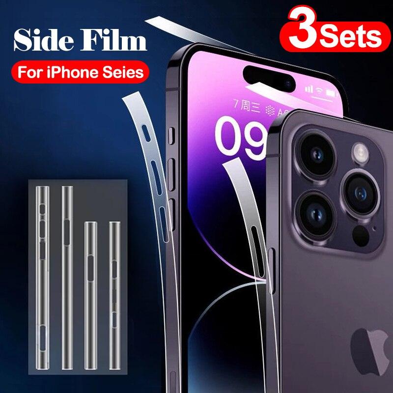 3 jeux de films de protection latéraux transparents pour iPhone 14 13 12 11 Pro Max X XR XS, film de protection ultra-mince pour cadre, film de protection ultra-mince 3D en fibre de carbone