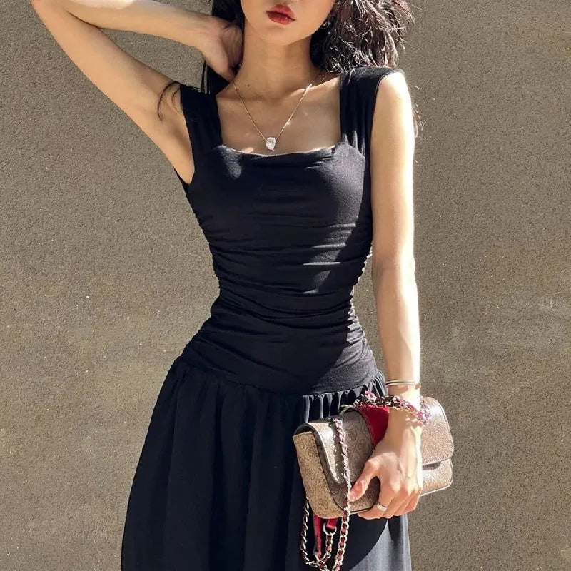 Robe longue moulante froncée | Robe nuisette à col carré -femstylo