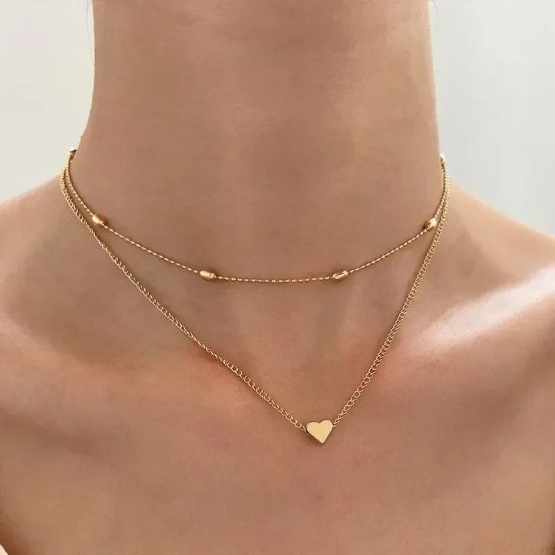Collier pendentif multicouche sur chaîne pour femme, en cristal, zircon, cœur, étoile, breloque, superposition, bijoux de cou vintage, tendance