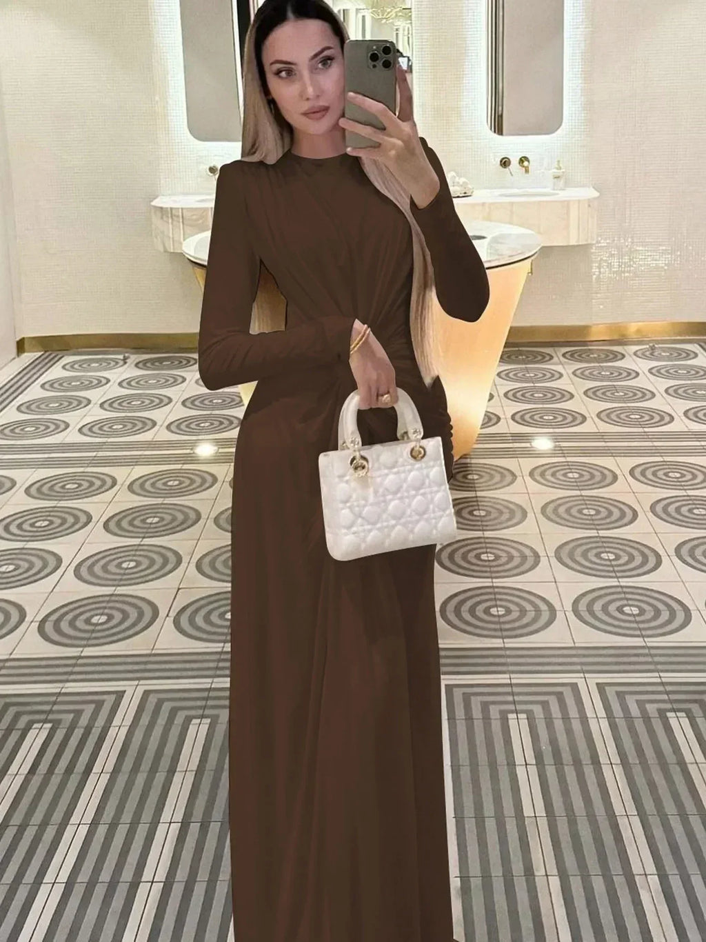 Robe longue Dulzura à manches longues et épaulettes, froncée, unie, élégante, pour bal de promo ou soirée, tenue d'automne et d'hiver pour femme