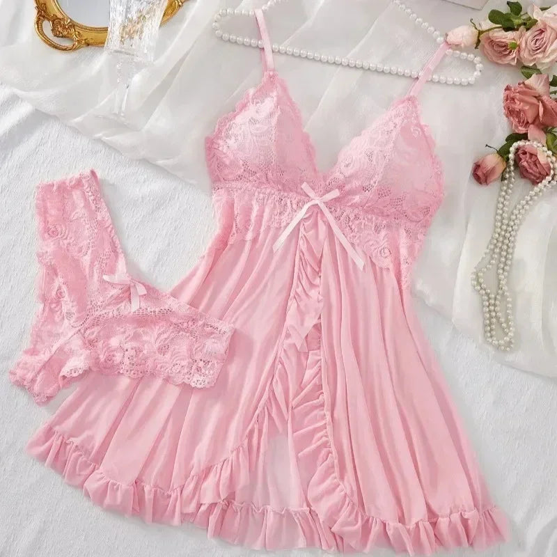 Ensemble de Lingerie Sexy Femme Soutien-gorge Érotique Chemise de Nuit Lingerie en Dentelle Sexy Vêtements de Nuit Couleur Unie Robes Fines et Douces Col en V Nuisette Complète et Robes