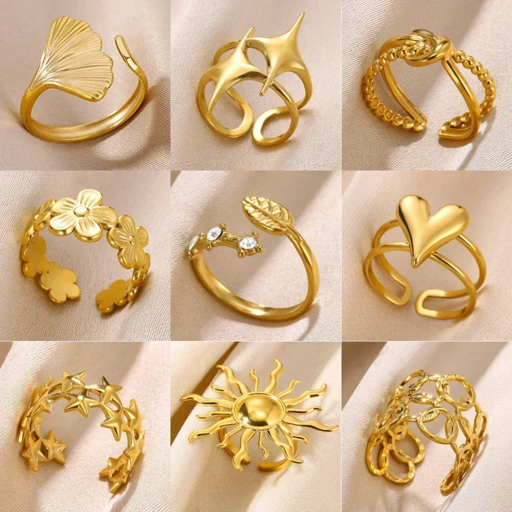 Bagues ouvertes en forme de fleur en acier inoxydable pour femmes, tendance, bijoux de mariage en forme de cœur, couleur or, anneau géométrique creux, accessoires quotidiens, cadeau
