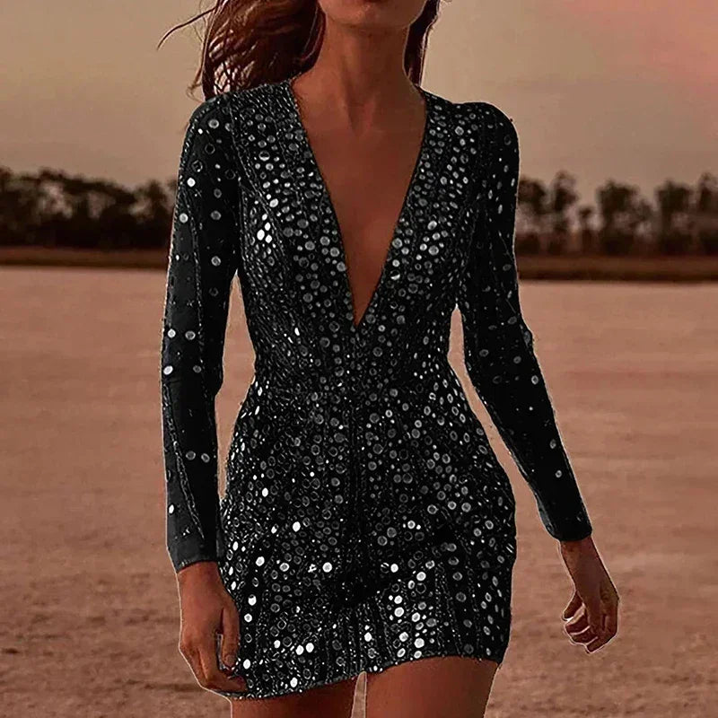 Robe sexy à col en V plongeant et manches longues brillantes, élégante robe de soirée pour femmes à paillettes, robe portefeuille chic et unie à paillettes.