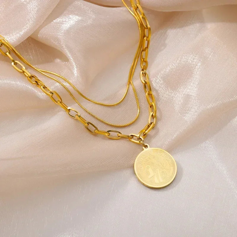 Collier multicouche cœur en acier inoxydable 316L pour femmes et filles, gothique, couleur or, chaîne de clavicule, pendentif ras du cou, cadeau d'anniversaire