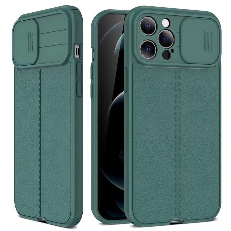 Étui de téléphone antichoc en cuir de luxe noir pour iPhone 13 12 11 14 Pro Max XR X XSMax 14, protection d'objectif d'appareil photo, coque arrière souple, étui fin antichoc avec étui de caméra coulissant pour iPhone