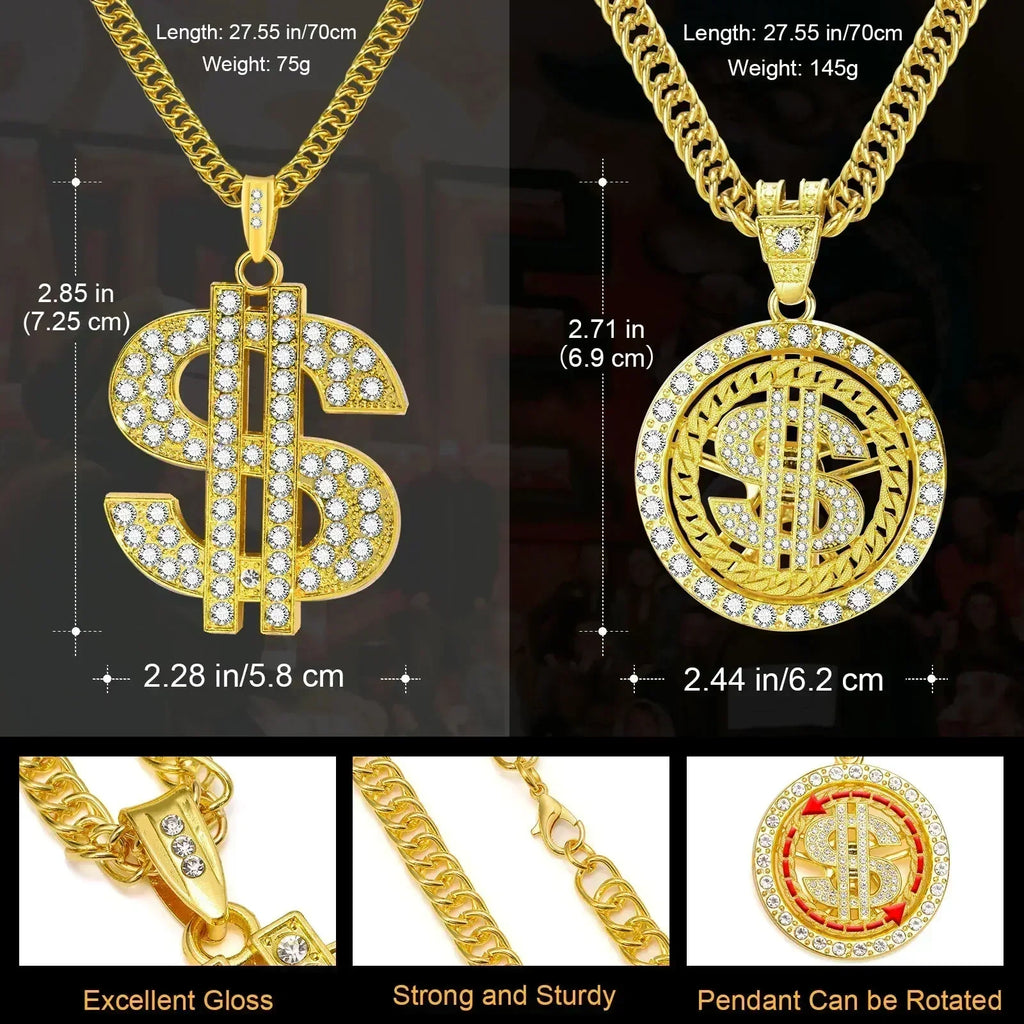 Colliers couleur or pour homme avec pendentif dollar, chaîne cubaine, pendentif dollar hip-hop, collier, cadeaux bijoux pour festival de musique