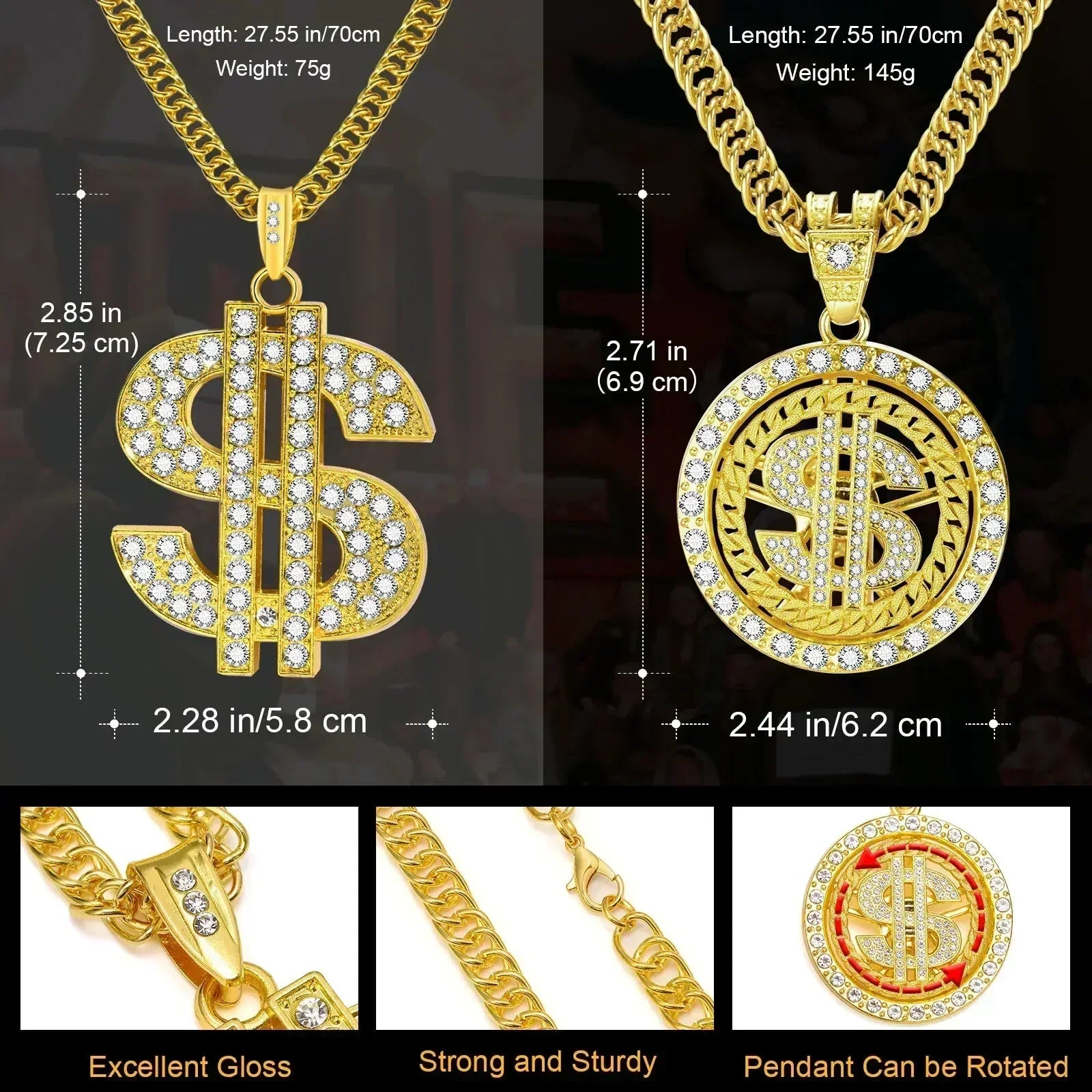 Colliers couleur or pour homme avec pendentif dollar, chaîne cubaine, pendentif dollar hip-hop, collier, cadeaux bijoux pour festival de musique