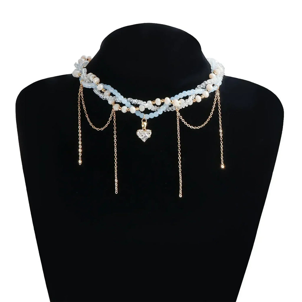 Collier Cœur Perlé Tendance pour Femmes Style Bohème Élégant Chaîne en Cristal Irrégulier Ras du Cou Y2K Exquis Cadeau de Fête Bijoux Accessoires
