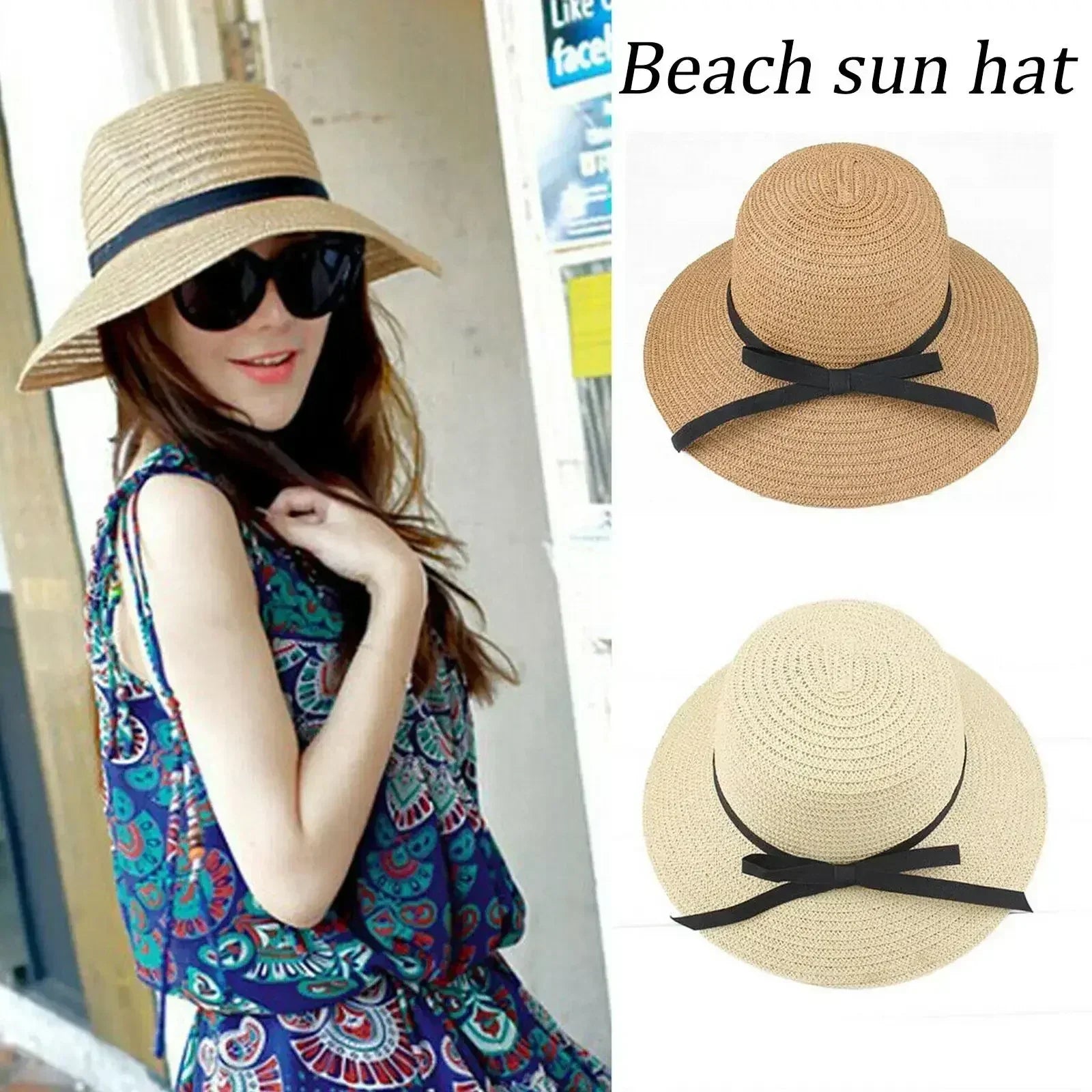 Chapeau de paille d'été à large bord, pliable, protection UV, pour femme, idéal pour la plage ou les voyages.