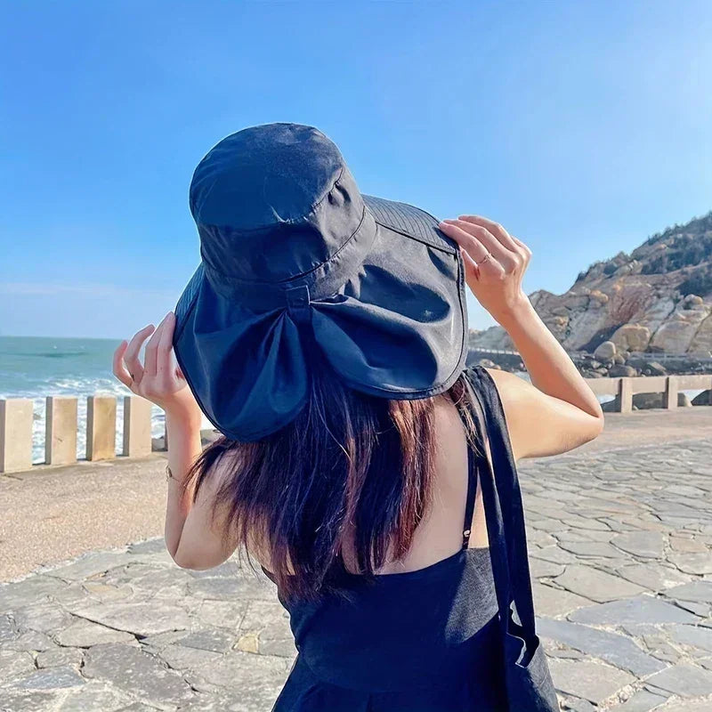 Nouveau chapeau de soleil queue de cheval avec grand bord visière protection cou femme chapeau de pêcheur chapeau d'extérieur