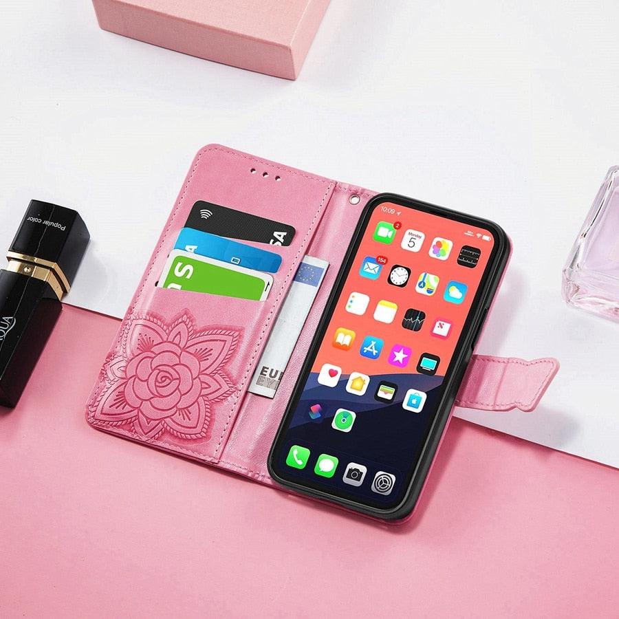Étui Portefeuille de Luxe Rose Papillon Fleur pour iPhone 14 Pro Max 13 12 Classique Simple Cuir avec Porte-Cartes Béquille Dragonne Rabat pour iPhone