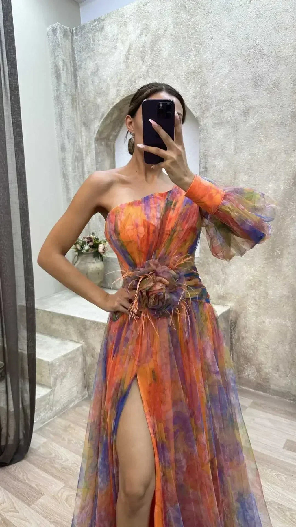 Robe longue en maille fendue haute à glissière asymétrique à épaule dénudée pour femme, robe de soirée à fleurs décoratives