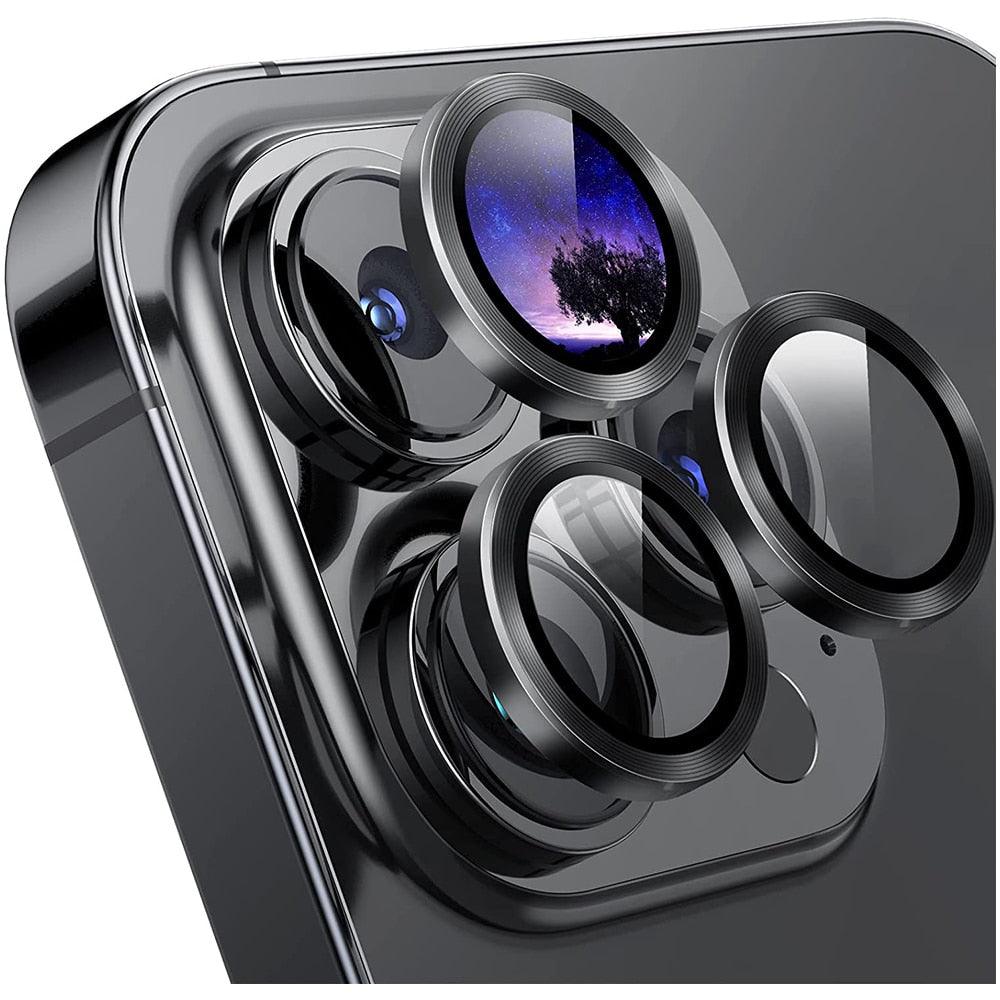 Protection d'objectif d'appareil photo pour iPhone 14 Pro Max Plus 13 12 Mini 14Pro iPhone14 13Pro 14Plus 12Pro, film de protection en verre, protecteur d'objectif avec anneau métallique pour appareil photo et couvercle en verre.