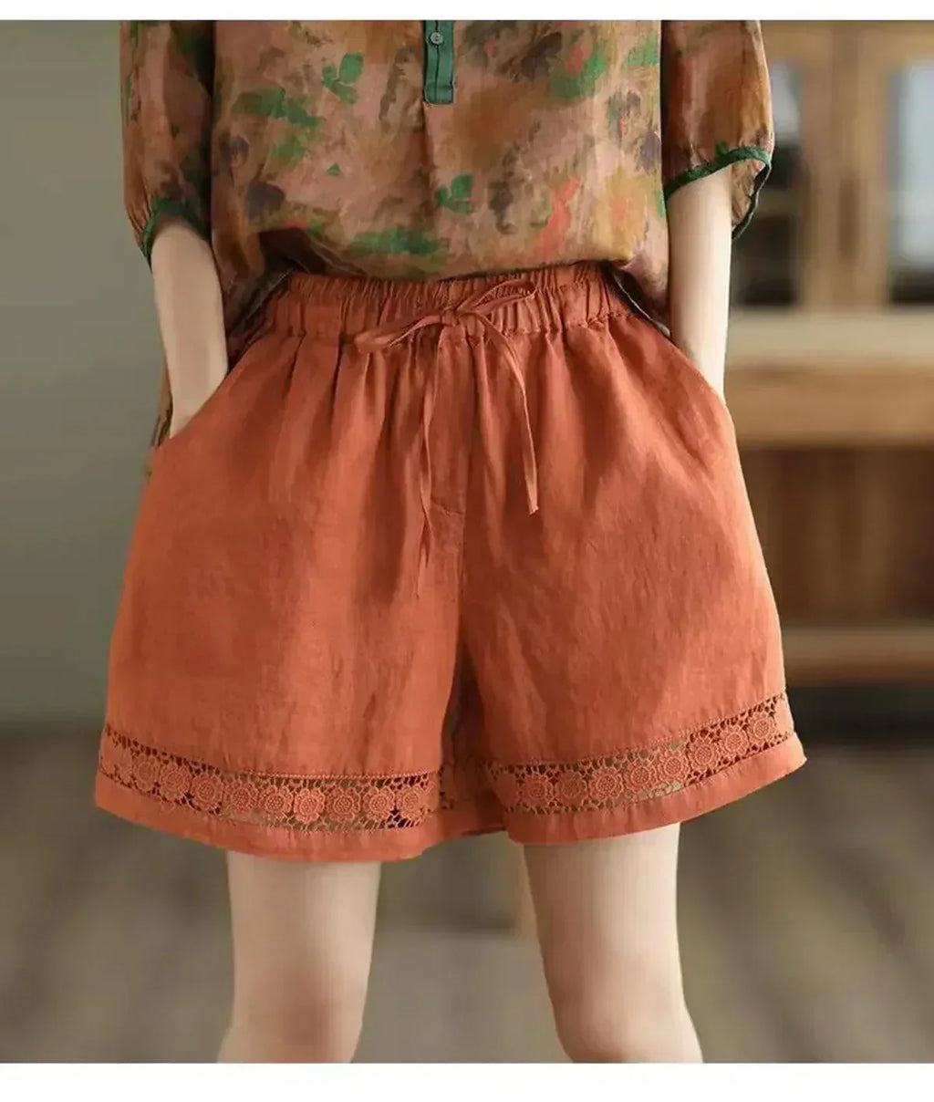 Short en coton et lin vintage taille haute élastique avec ceinture à nouer, brodé ajouré et coupe droite décontractée