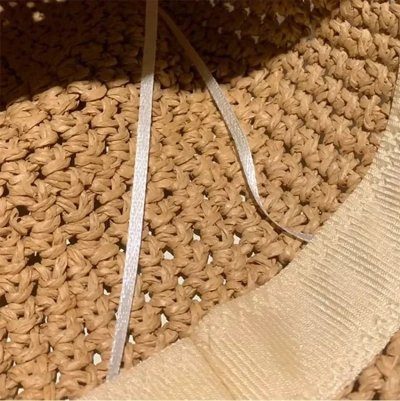 Chapeau de soleil en paille pour femmes 2025, grand bord large, pliable, pour la plage, style créateur, seau coréen pour l'extérieur