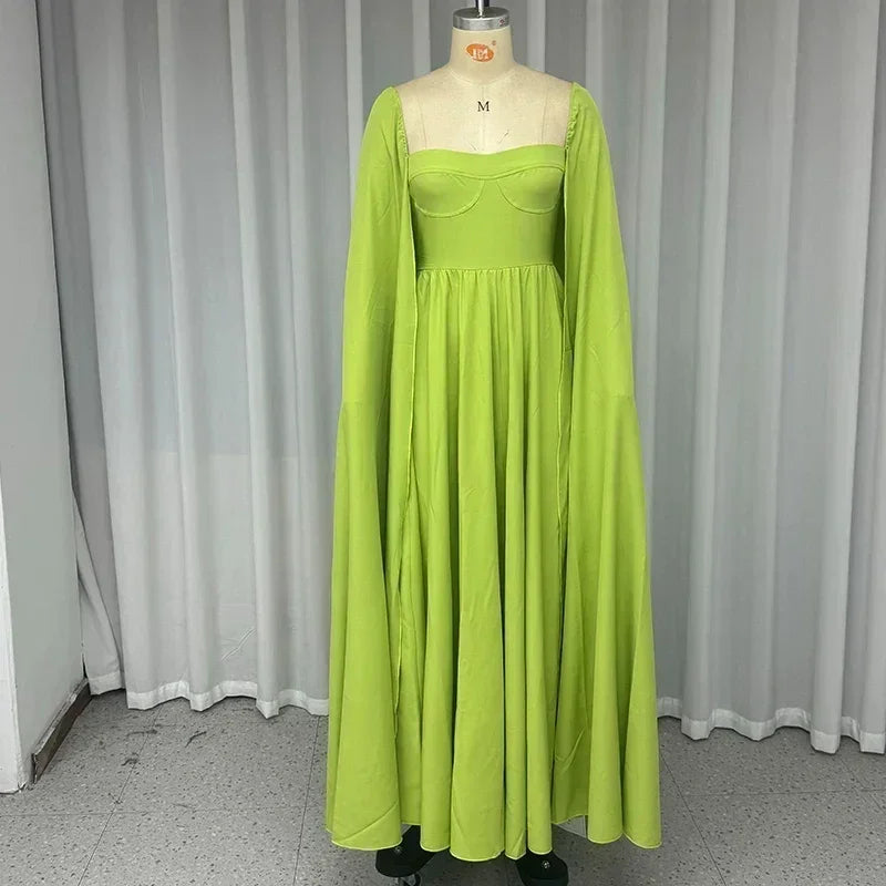 Wefads Robe longue maxi Femme Élégante Mode Unie Cape Manches longues Col carré Taille cintrée Dos nu Robe de soirée Streetwear