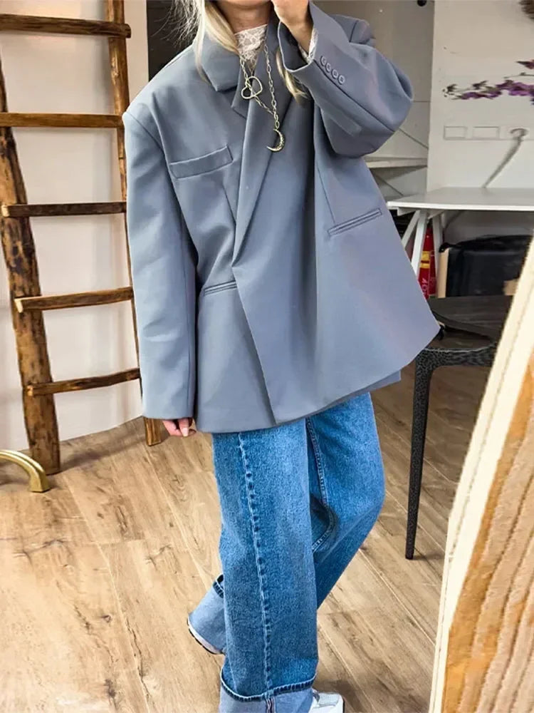 Veste de costume col V boutonnée sur le côté pour femme Manches longues couleur unie Manteaux Poignets poches Hauts oversize Vêtements féminins style urbain
