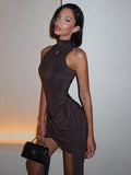 Mini-robe sans manches à col roulé | Robe de soirée asymétrique froncée - Femstylo