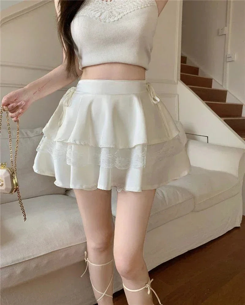 Mini-jupe Y2K Unie pour Femme, Taille Haute, Dentelle Patchwork, Robe de Bal, Mode, Volants, Jupe Féminine, Tout-assortie, Été