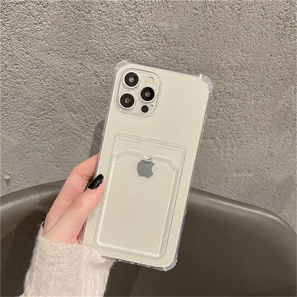 Étui transparent porte-cartes pour iPhone 13 11 12 14 Pro Max Mini Coque souple antichoc transparente avec porte-cartes Étui de téléphone transparent avec porte-cartes Coque fine de protection souple antichoc avec porte-cartes