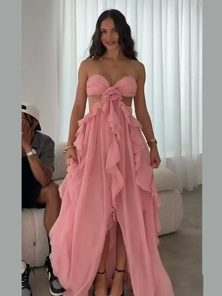 Robe longue chic printemps femme ajourée fleur 3D ourlet à volants élégante épaule dénudée dos nu Robe de soirée Street Party 2025 Nouvelle collection