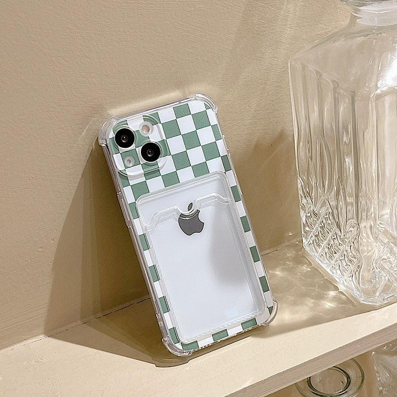 Étui de téléphone glamour avec porte-cartes transparent brillant, coque fine en silicone souple antichoc pour iPhone 14 13 11 12 Pro Max 7 8 Plus, jolie housse transparente à carreaux verts pour iPhone X XR XS, étui de téléphone antichoc avec porte-cartes