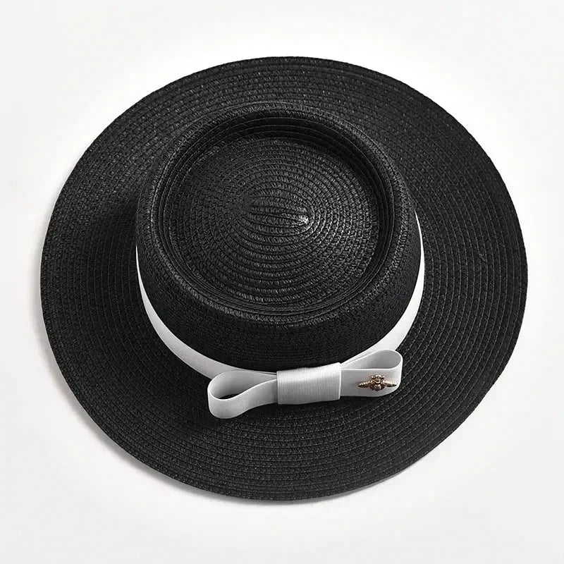 NOUVEAUX Chapeaux de paille Printemps Été pour femmes Surface ronde bosselée Dessus plat Nœud Papillon Robe Casquette Voyage Plage Soleil Chapeau Gorra