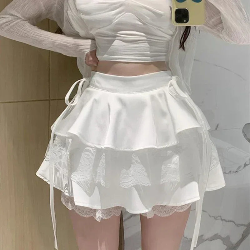 Mini-jupe Y2K Unie pour Femme, Taille Haute, Dentelle Patchwork, Robe de Bal, Mode, Volants, Jupe Féminine, Tout-assortie, Été