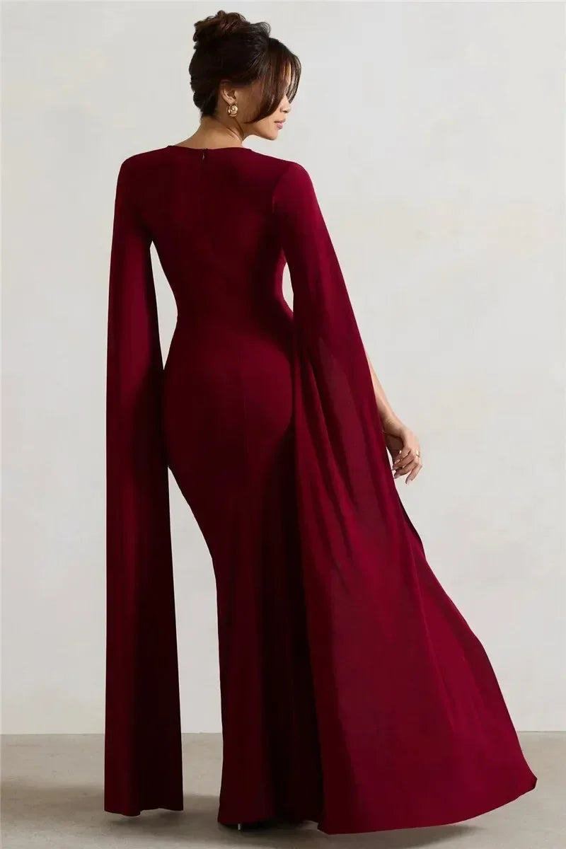Mozision Robe longue fendue à manches cape pour femme, élégante robe de soirée longue à col carré, couleur unie, nouvelle collection