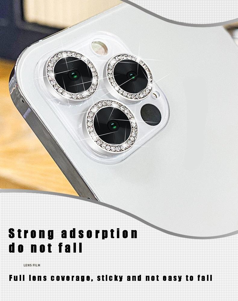 Verre trempé avec anneau métallique, strass et paillettes pour appareil photo iPhone 11 12 13 14 Pro Max Mini Plus, protection d'objectif à couverture complète 9H, protection d'objectif en verre trempé avec anneau métallique unique à couverture complète