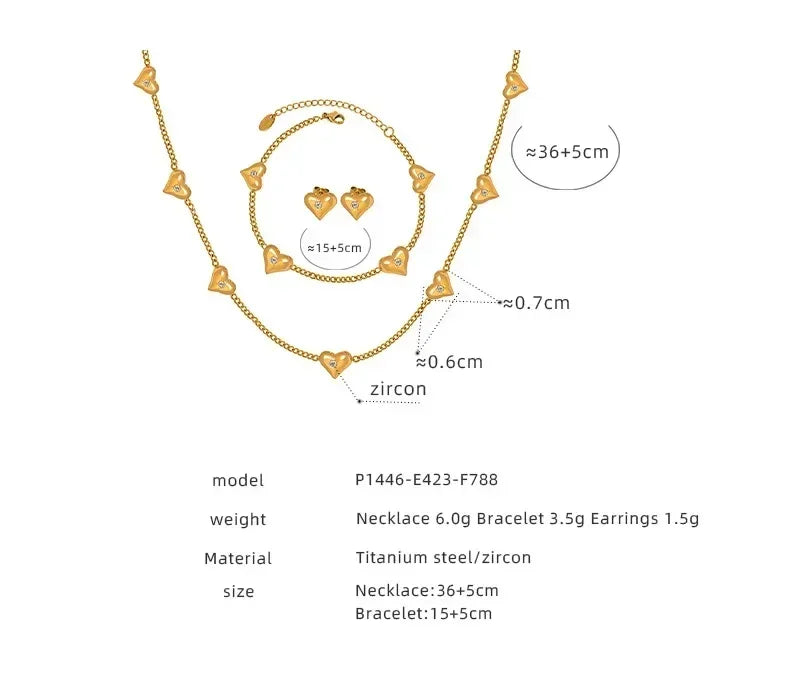 Ensemble de bijoux en acier inoxydable avec collier, boucles d'oreilles et bracelet cœur mignon pour femme, zircon brillant, accessoires de mariée, cadeau de mariage
