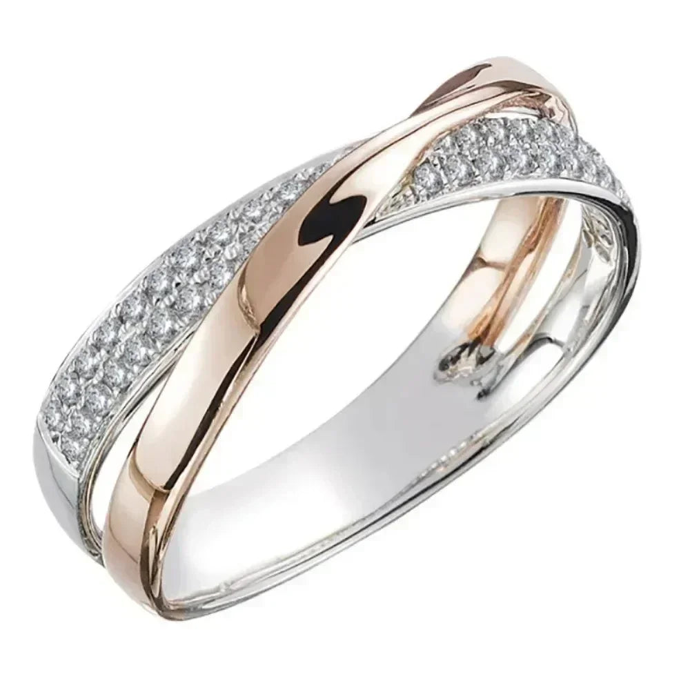 Bague classique en acier inoxydable bicolore en forme de X pour femmes, bijou tendance de mariage, anneaux de mariage éblouissants en zircon, bagues modernes