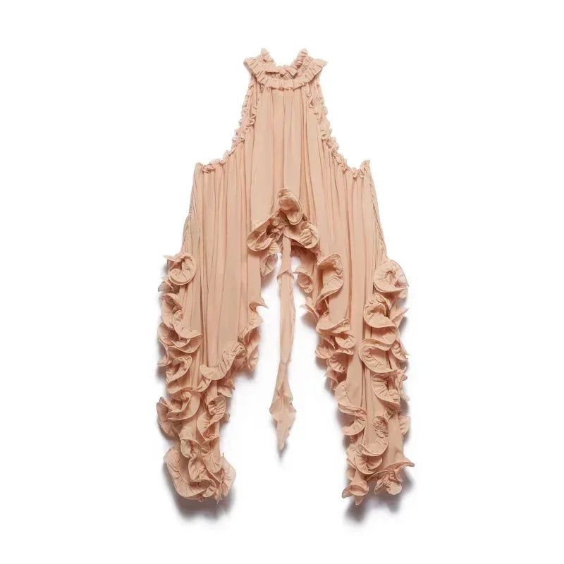 Ensemble élégant jupe courte à volants Femme Sans manches Col bénitier Top à volants irréguliers Mini-jupe courte ample Ensembles d'été 2025 Tenue Femme