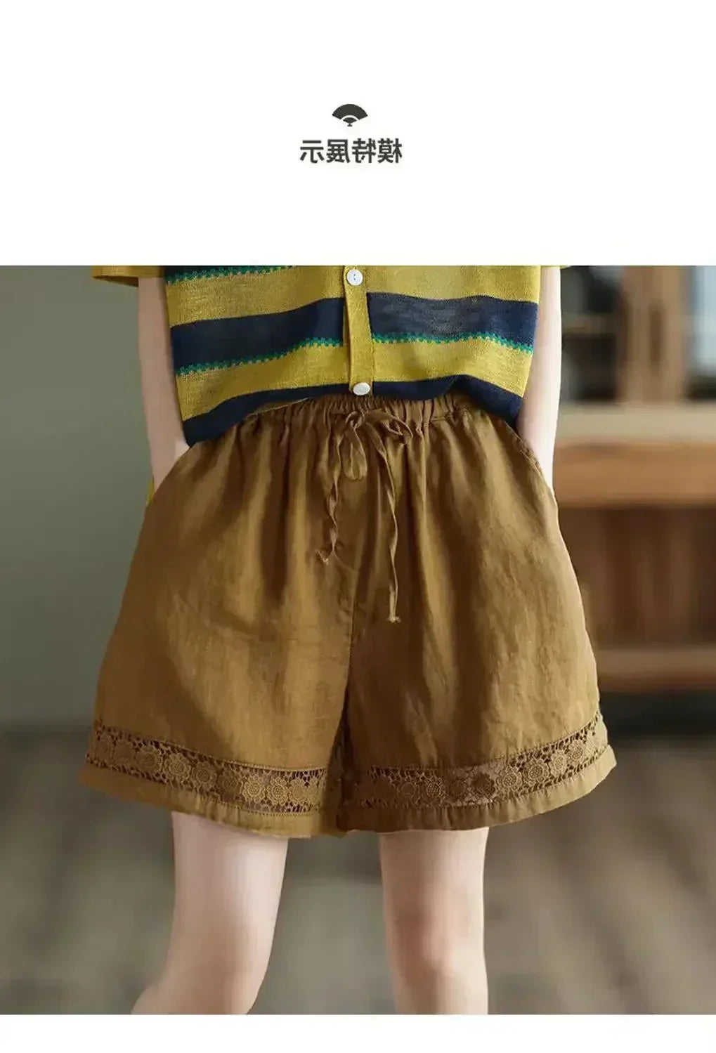 Short en coton et lin vintage taille haute élastique avec ceinture à nouer, brodé ajouré et coupe droite décontractée