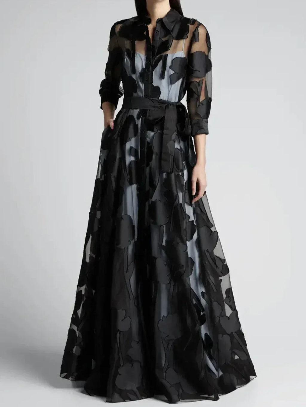Élégante Robe Longue en Maille Jacquard Transparente à Manches Trois-Quarts et Nœud à la Taille sans Doublure pour Soirée Club Femme