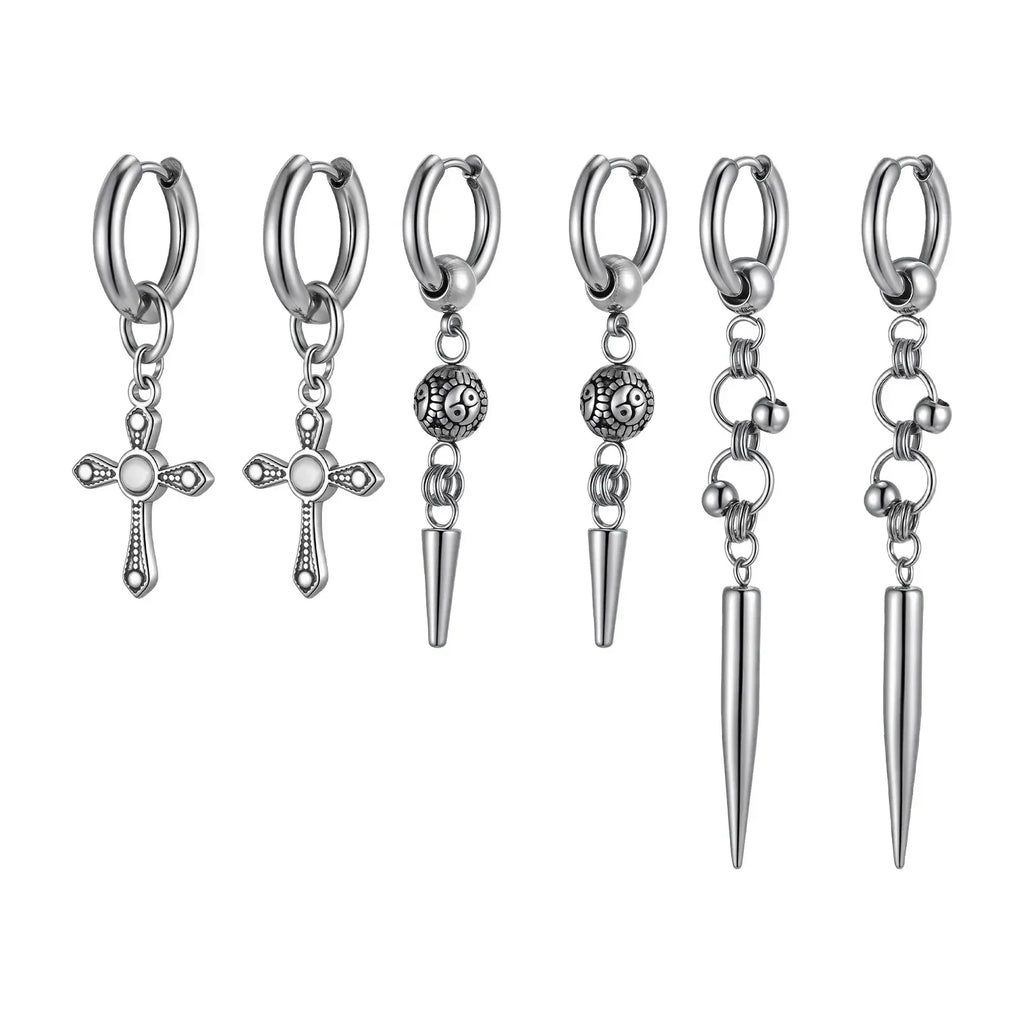 Boucles d'oreilles Huggies Punk pour homme, boucles d'oreilles pendantes vintage en acier inoxydable avec longue chaîne, cadeau élégant boucles d'oreilles croix