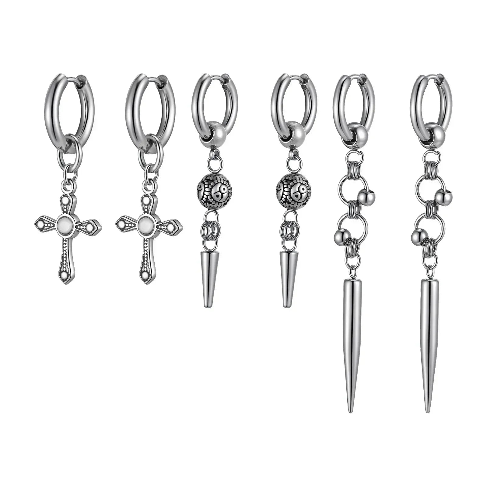 Boucles d'oreilles Huggies Punk pour homme, boucles d'oreilles pendantes vintage en acier inoxydable avec longue chaîne, cadeau élégant boucles d'oreilles croix