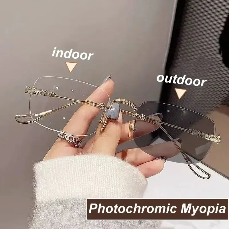 Nouvelles Lunettes de Myopie Photochromiques Tendance Vintage Sans Monture Carrées Femme Homme Anti Lumière Bleue UV Lunettes de Soleil Optiques Dioptre